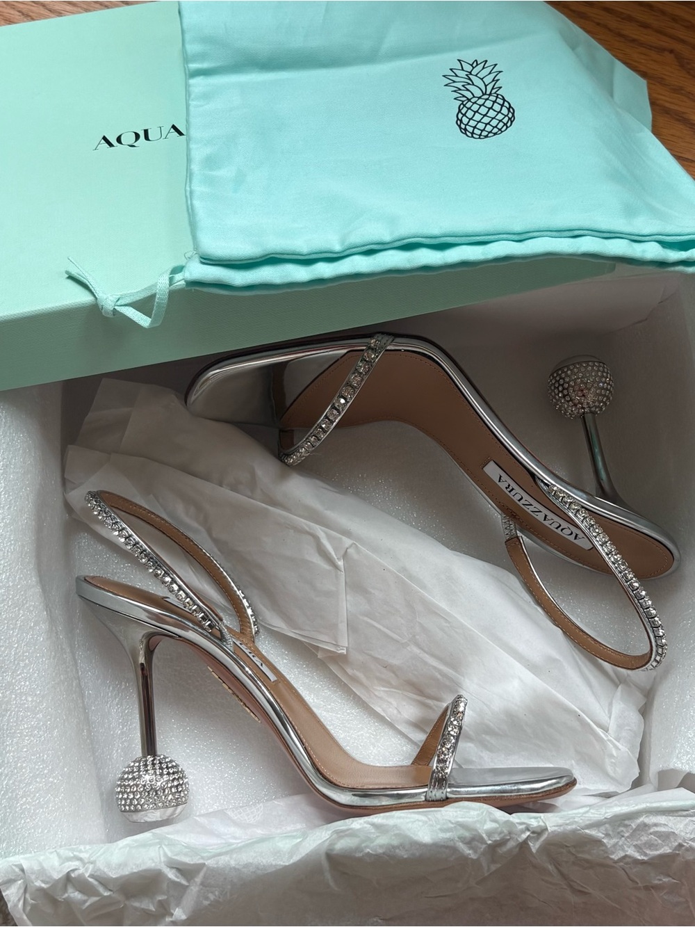 Aquazzura Silver Crystal Ball-Heel Slingback Sandals 36.5